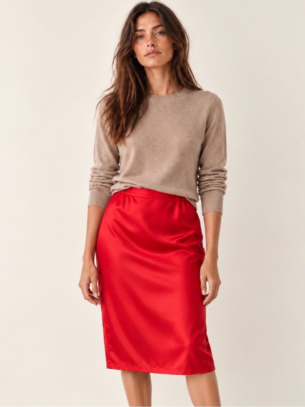 Vintage 100% Silk Red Midi Pencil Skirt S